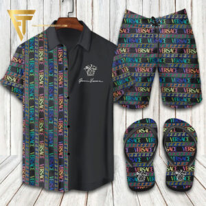 Versace Logo Colorful Hawaiian Shirt Beach Shorts And Flip Flops