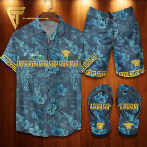 Versace Monogram Flower Version Hawaiian Shirt Beach Shorts And Flip Flops