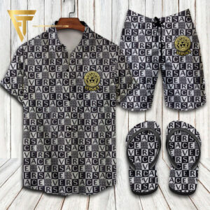 Versace Monogram Hawaiian Shirt Beach Shorts And Flip Flops