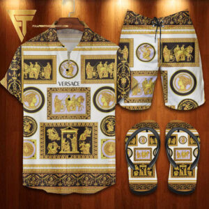 Versace Monogram White Version Hawaiian Shirt Beach Shorts And Flip Flops