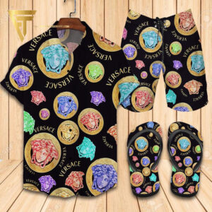 Versace Multicolor Logo Hawaiian Shirt Beach Shorts And Flip Flops