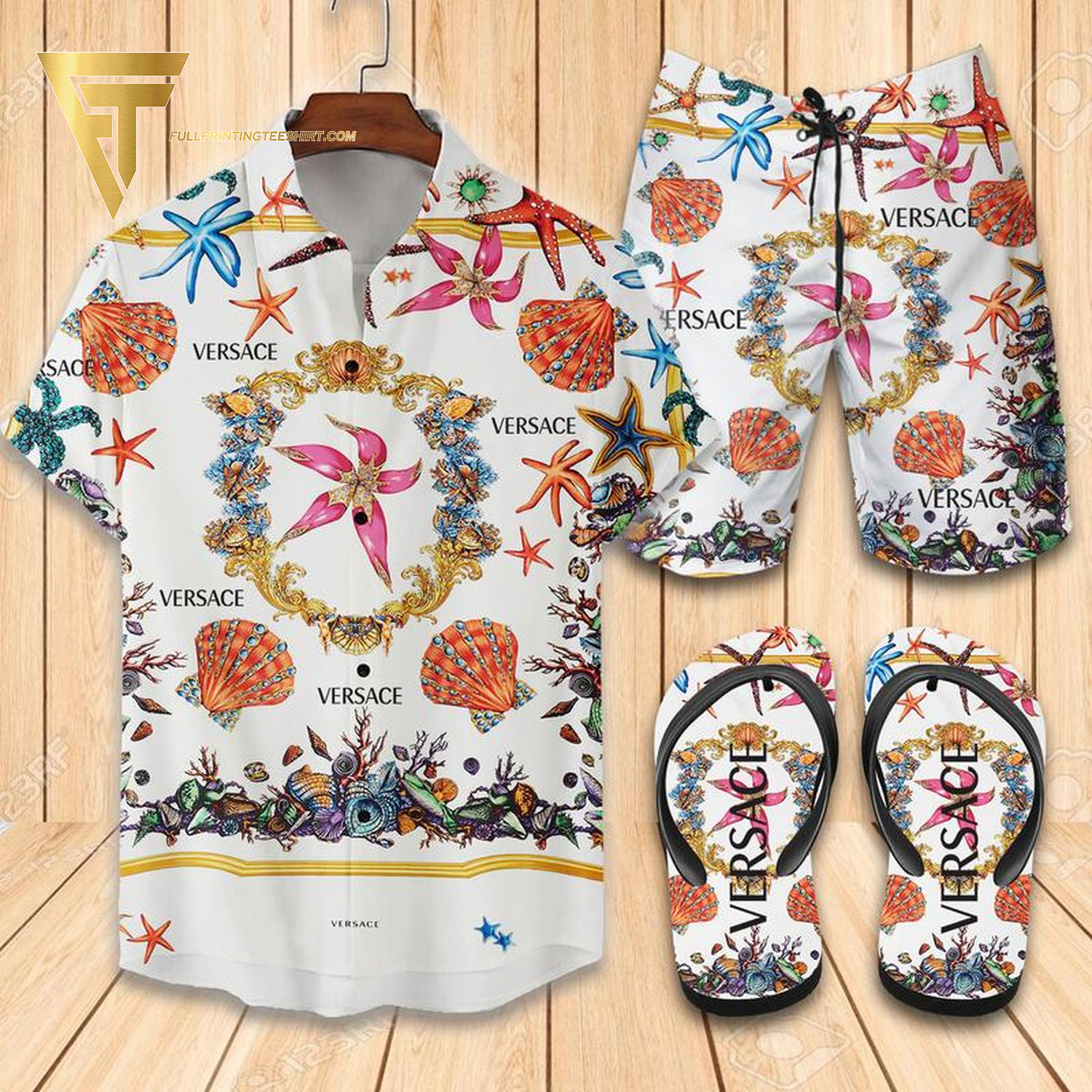 Versace Ocean Logo Hawaiian Shirt Beach Shorts And Flip Flops Versace Ocean Logo Hawaiian Shirt Beach Shorts And Flip Flops