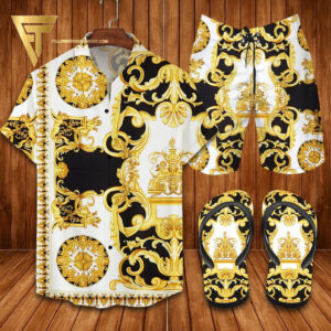Versace White Black Gold Hawaiian Shirt Beach Shorts And Flip Flops