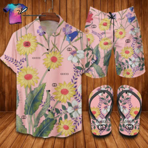 Vintage Floral Gucci Pink Version Full Print Hawaiian Shirt Beach Shorts And Flip Flops