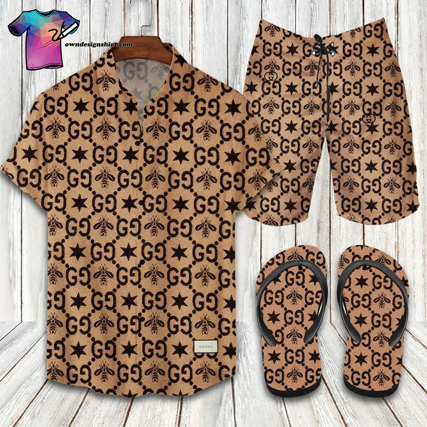 Vintage Gucci Bee Version Full Print Hawaiian Shirt Beach Shorts And Flip Flops Vintage Gucci Bee Version Full Print Hawaiian Shirt Beach Shorts And Flip Flops