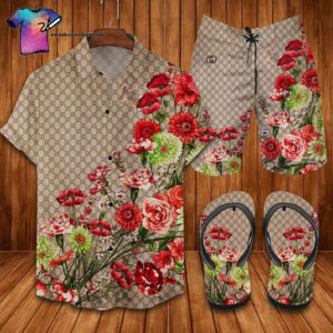 Vintage Gucci Floral Version Full Print Hawaiian Shirt Beach Shorts And Flip Flops