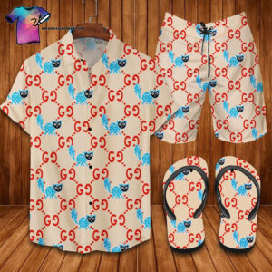 Vintage Gucci Logo Full Print Hawaiian Shirt Beach Shorts And Flip Flops