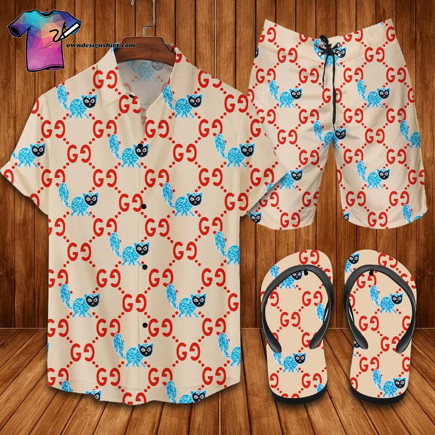 Vintage Gucci Logo Full Print Hawaiian Shirt Beach Shorts And Flip Flops Vintage Gucci Logo Full Print Hawaiian Shirt Beach Shorts And Flip Flops