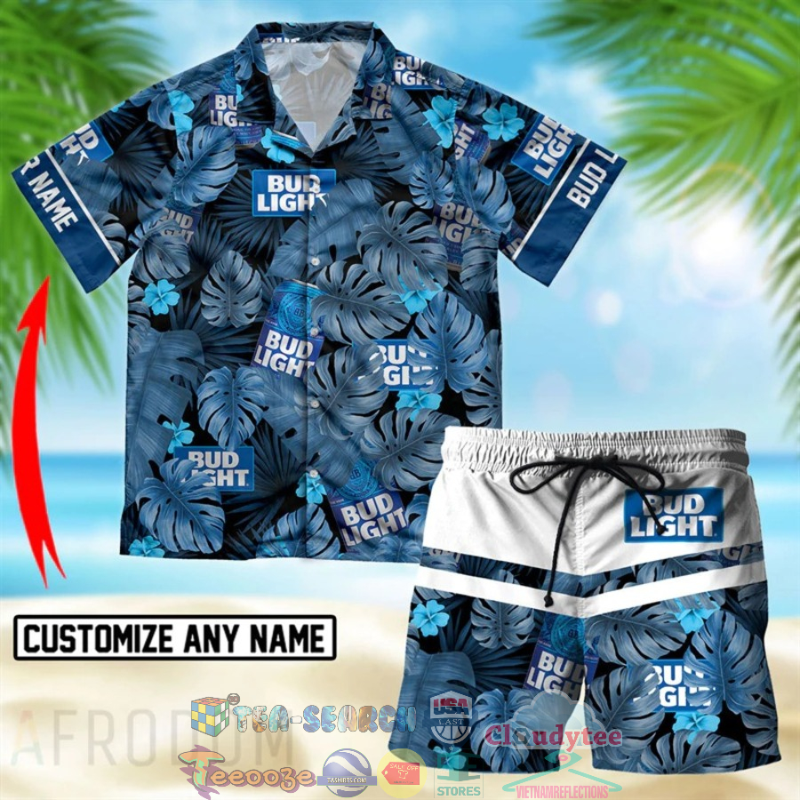 Personalized Name Bud Light Beer Tropical Leaves Hawaiian Shirt Beach Shorts Personalized Name Bud Light Beer Tropical Leaves Hawaiian Shirt Beach Shorts