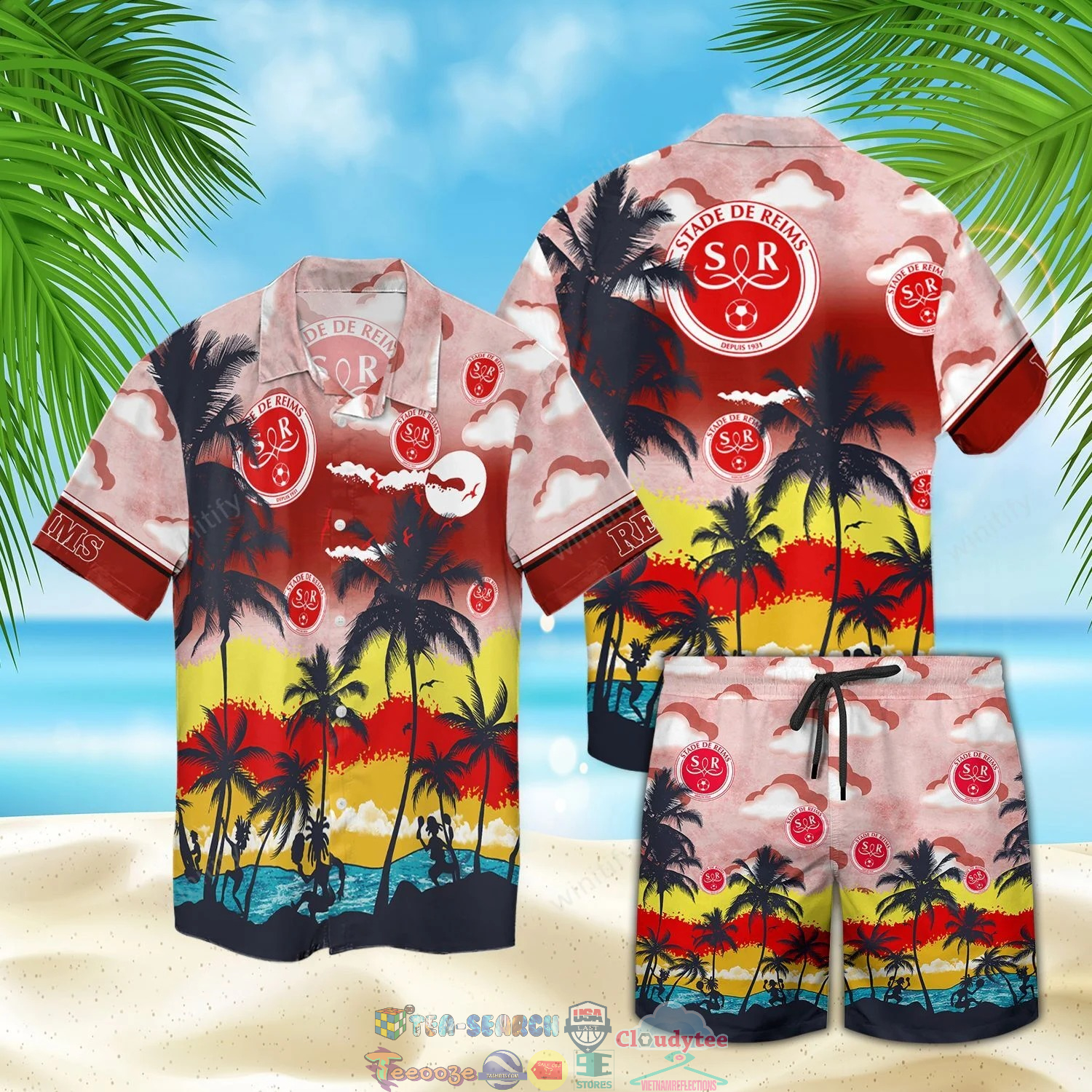 Stade De Reims Fc Palm Tree Hawaiian Shirt Beach Shorts Stade De Reims Fc Palm Tree Hawaiian Shirt Beach Shorts