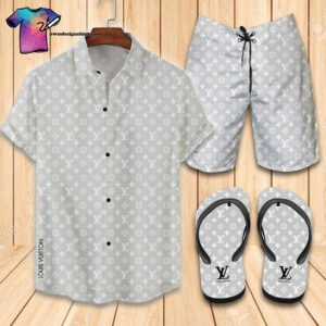 Louis Vuitton Sport Grey Logo Full Print Hawaiian Shirt Beach Shorts And Flip Flops
