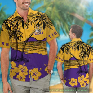 Lsu Tigers Hibiscus Hawaiian Shirt Beach Short