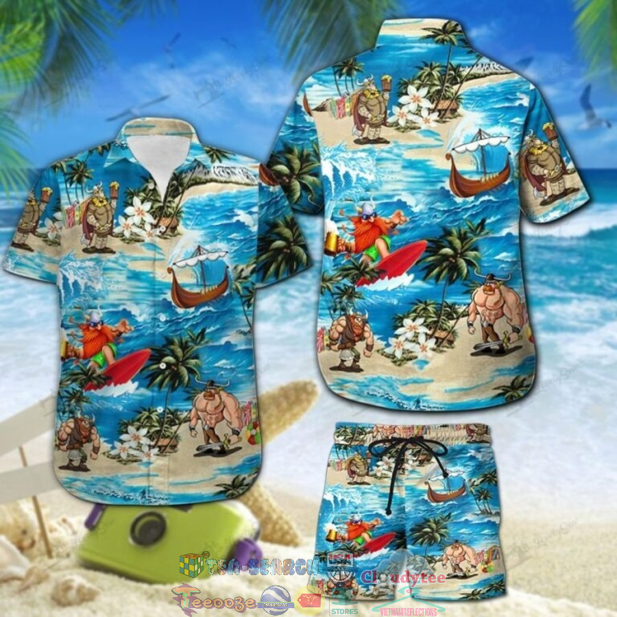 Viking Surfing Palm Tree Hawaiian Shirt And Shorts Viking Surfing Palm Tree Hawaiian Shirt And Shorts