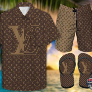 Lv Logo Hawaiian Shirt Beach Short And Flip Flops