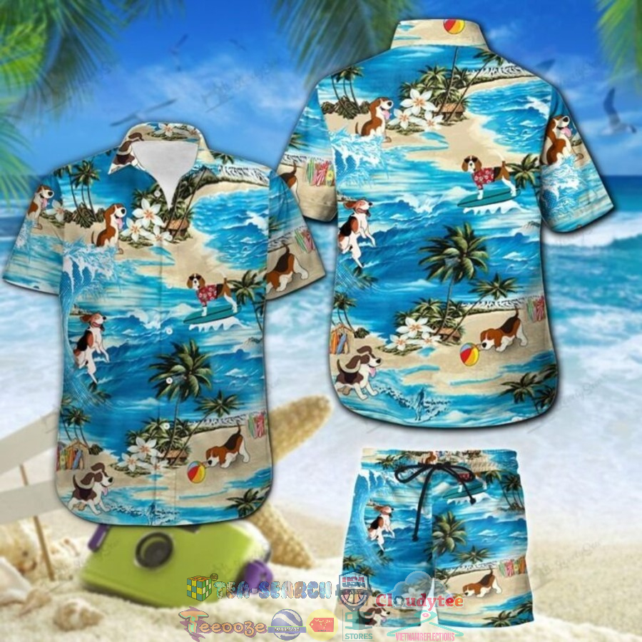 Beagle Surfing Palm Tree Hawaiian Shirt And Shorts Beagle Surfing Palm Tree Hawaiian Shirt And Shorts