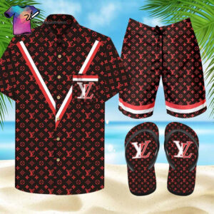 Louis Vuitton Red Striped Logo Full Print Hawaiian Shirt Beach Shorts And Flip Flops